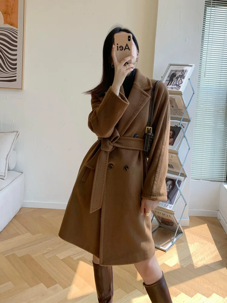 

2023 New Autumn Winter Short 20% Cashmere Wool Coat Double-breasted Fashion Temperament High Waist Warm Woolen Jacket Female Clo