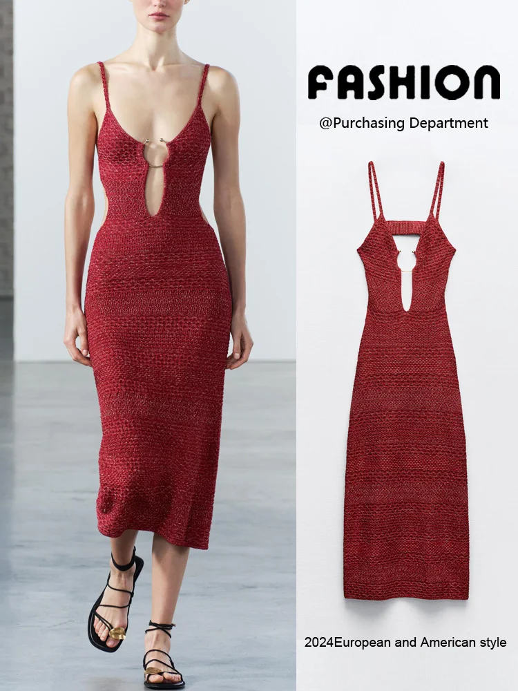 

Новое летнее женское вязаное платье миди с V-образным вырезом, приталенное, с открытой спиной и синим декором