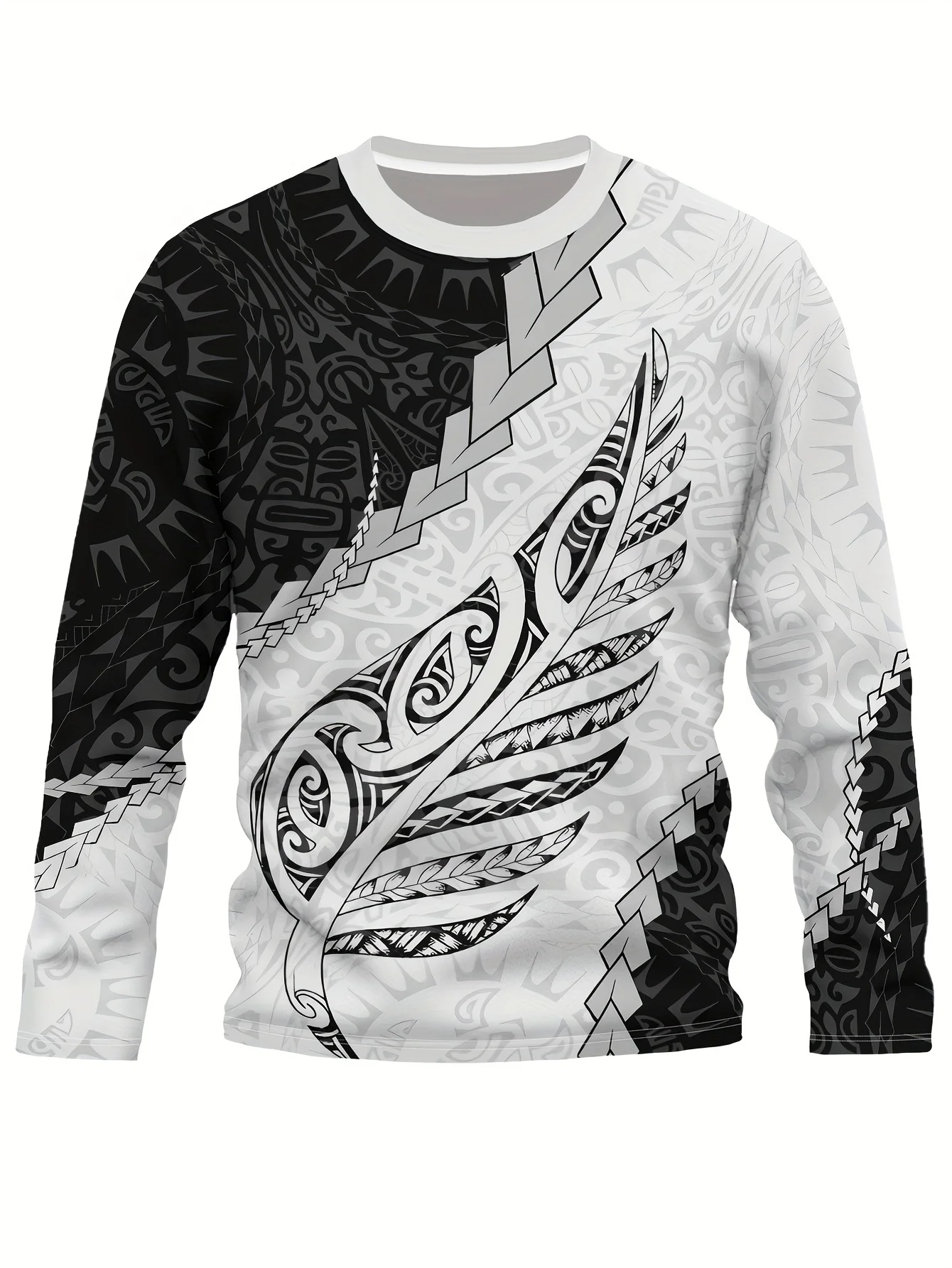 2024 New men's long-sleeved T-shirt 3D Printing HD Maori Silver Fern White Printing men's Autumn Tops Casual Round Neck Street