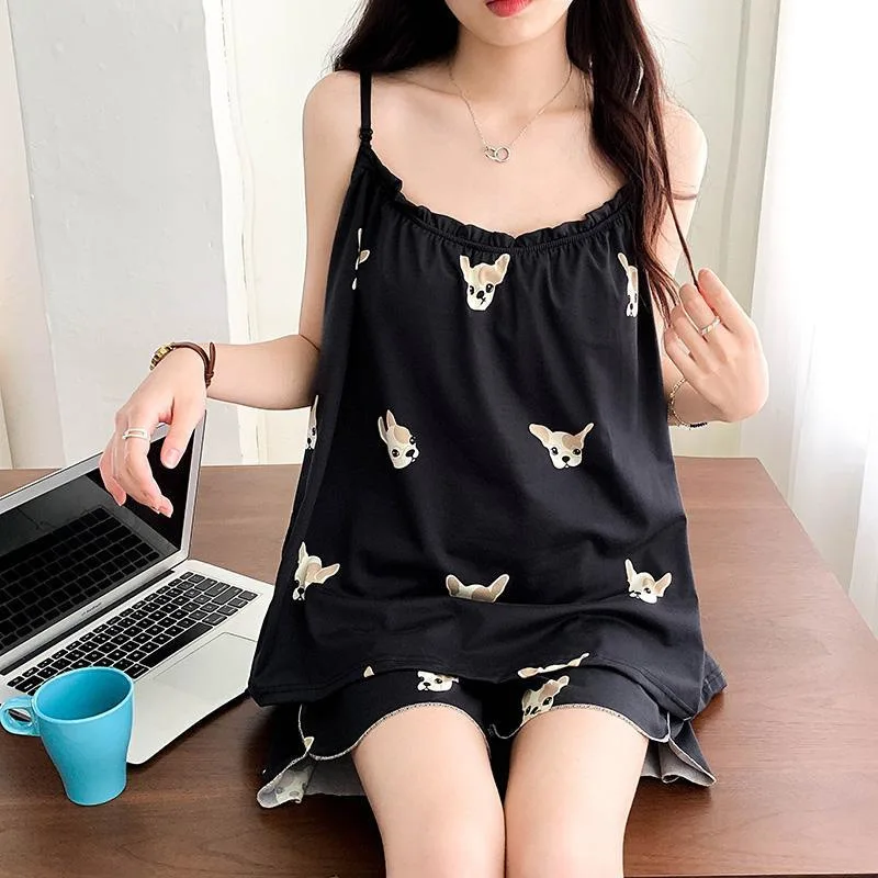 150kg Plus Size Women Cartoon Sleepwear Short Sets Cami&Short Pajamas PJ Sets 3XL Extra Large Size Summer Satin Loose Homewear