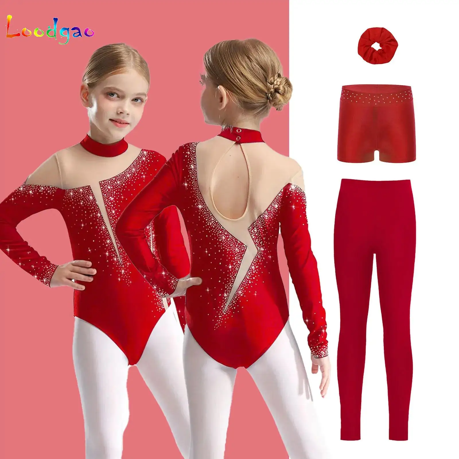 

Long Sleeve Ballet Dance Set Rhythmic Gymnastics Outfit Kids Girls Figure Skating Glitter Rhinestones Performance Dancewear Suit