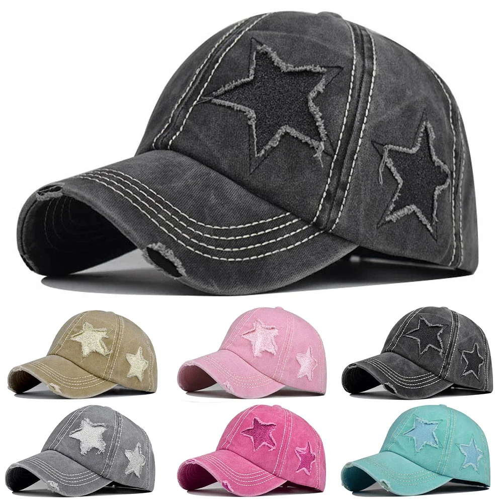 Retro Star Washed Denim Hole Baseball Cap Y2K Sun Hat For Women Men Cotton Ponytail Caps Fashion Hip Hop Snapback Hats Gorros