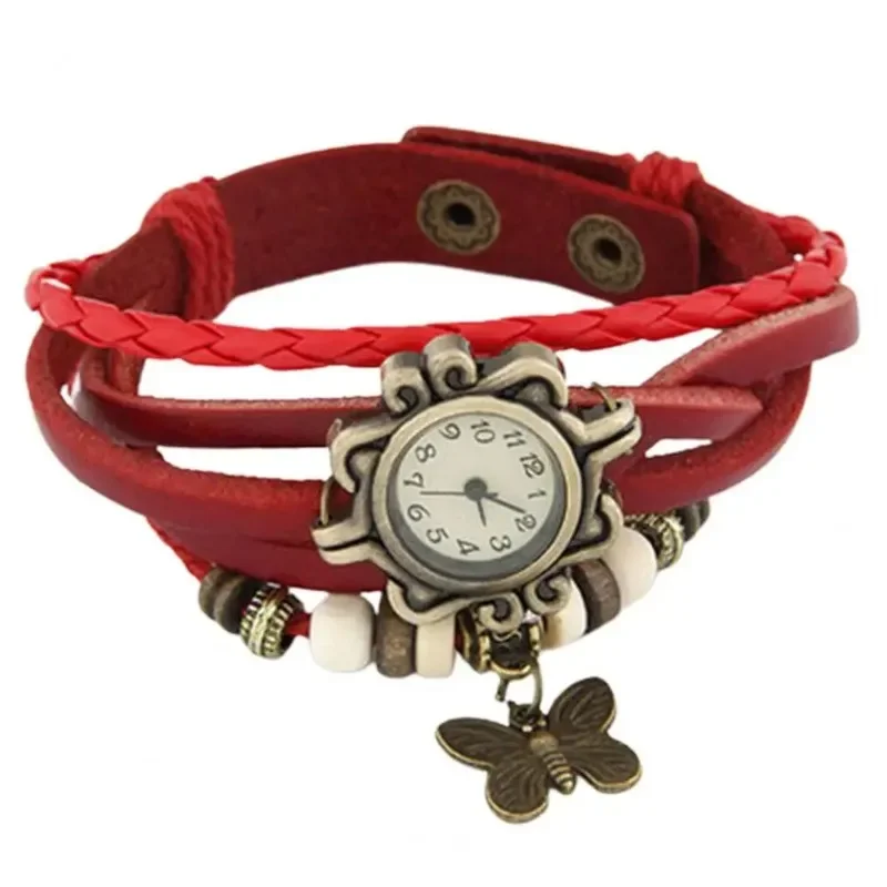 Women\'s Casual Vintage Multilayer Butterfly Faux Leather Bracelet Wrist Watch Ladies Female Bracelet Wristwatches