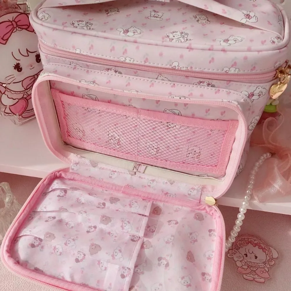 Kawaii Mikko Joint 2024 New Double-layer Bow Cosmetic Bag Cute Girly Heart Large Capacity Storage Bag Handbag Girls Gift