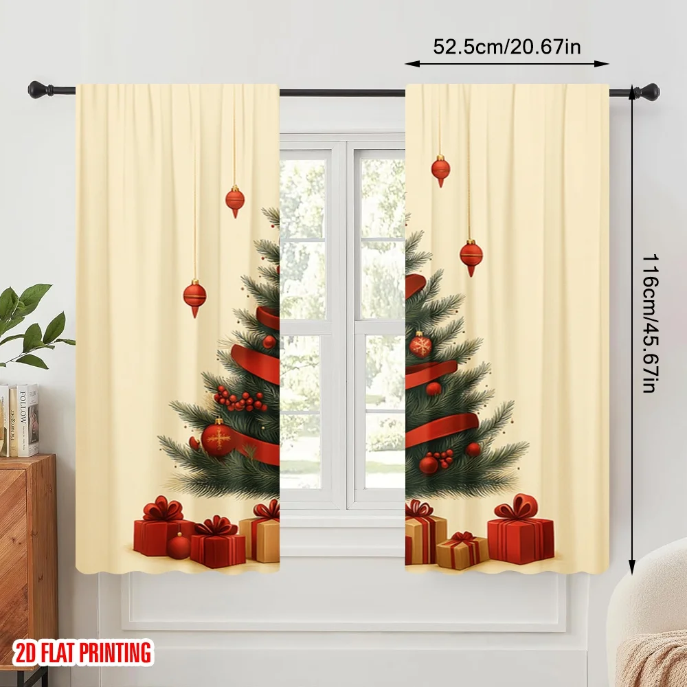 2pcs,2D plane printing Curtain Popular Christmas Tree Gifts Ribbon (2) Versatile Polyester Fabric (without rod) Decorations