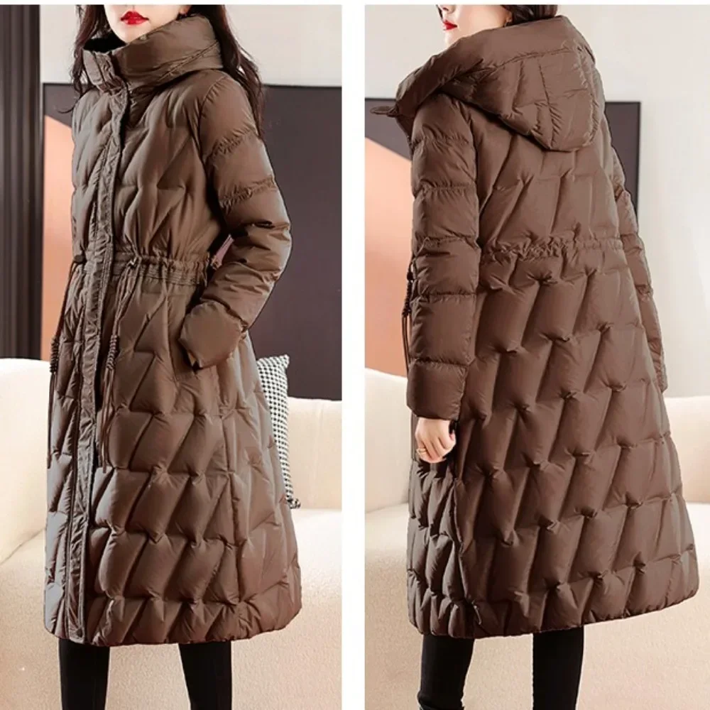 2024 Jacket Women Hooded Parkas Casual Long White Duck Down Jacket Winter Coat Female Drawstring Zipper Outerwears Slim Coats