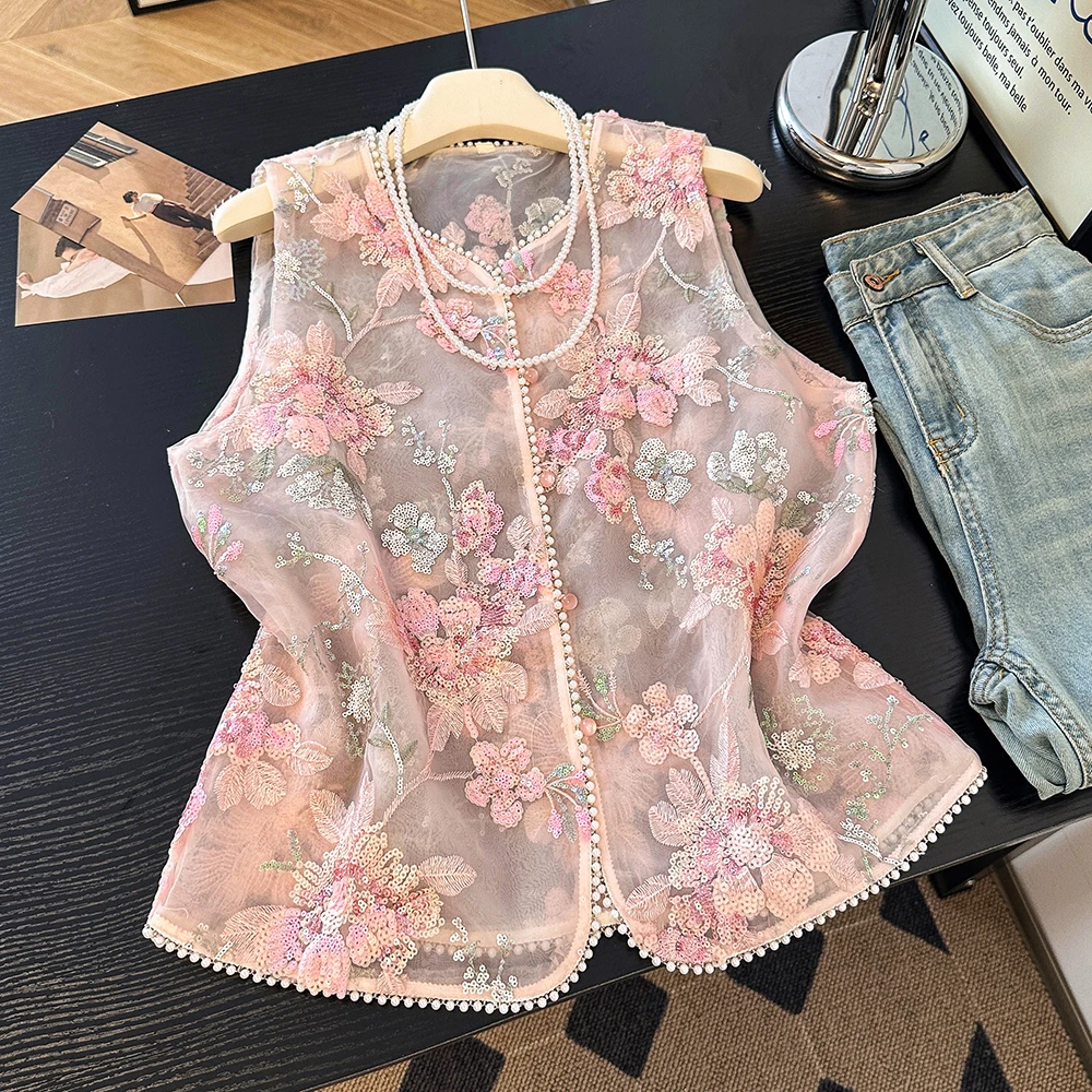 Young Style Pink Embroidered Beaded Vest Tranquil Zen Tea Costume Ultra Thin Summer Top Chinese Ethnic Fashion Elegance