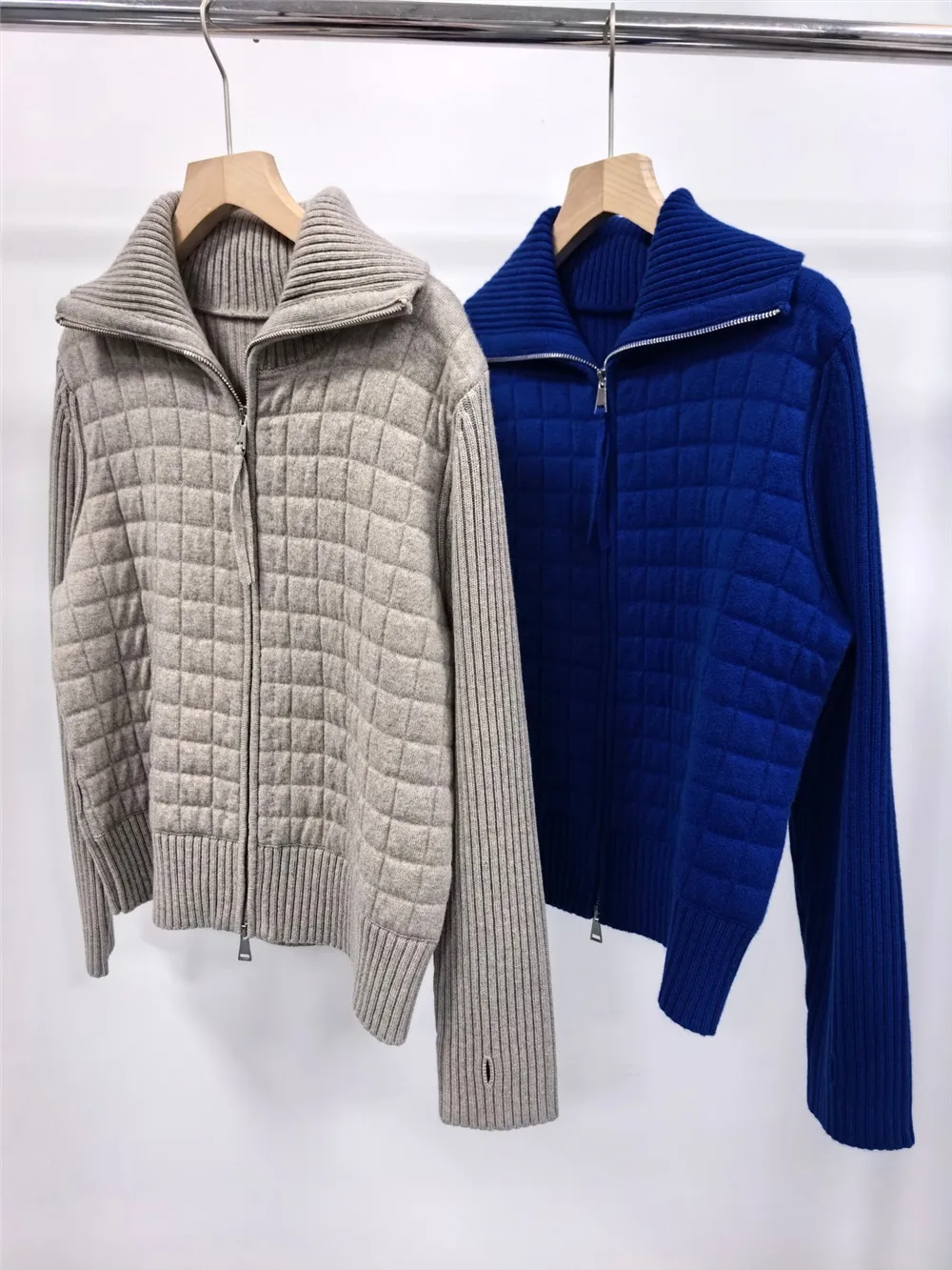 

25 New Lapel Zipper Cashmere Knitted Diamond Grid Temperament Simple And Casual Versatile Cardigan Sweater