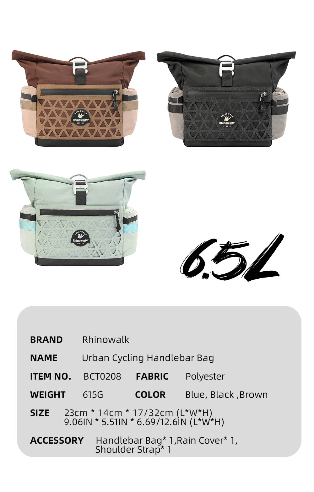 Rhinowalk Bicycle Handlebar Bag 6.5L Quick Release Bike Front Bag Comes With Rain Cover For Brompton Folding Bike Urban Cycling