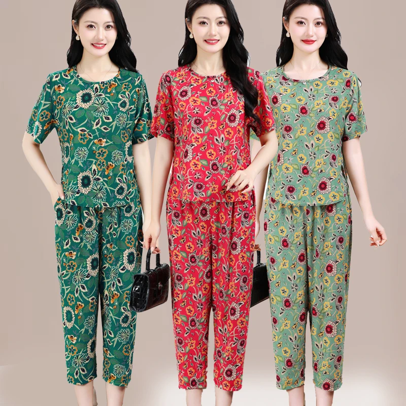 Summer Milk silk short-sleeved suit middle-aged women print tops +pants suit grandmother loose 2 pieces suits