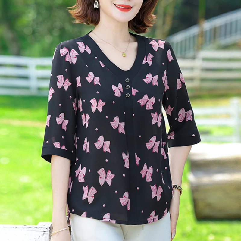 Bow Pattern Shirt 2024 Chiffon Patchwork Half Sleeved Women\'s Shirt New Casual Top Plus Size Summer Clothing