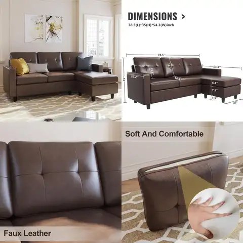 Sofá seccional convertible de piel sintética en forma de L para espacios pequeños, marrón, ideal para salas de estar compactas