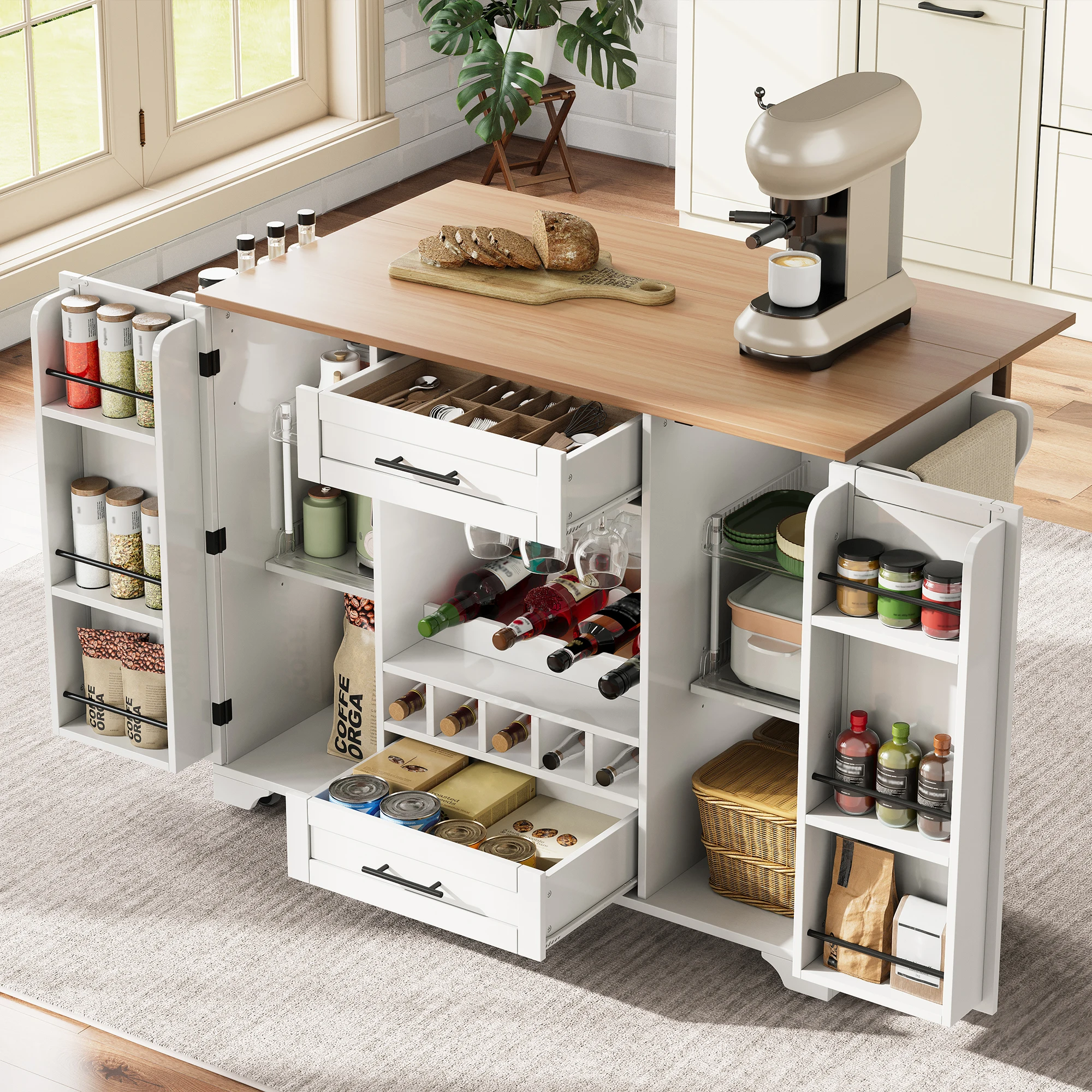 Chariot de cuisine blanc avec plan de travail pliable et extensible, îlot de cuisine sur roulettes avec porte-vin, porte-verres, porte-épices et porte-serviettes - Chariot de service multifonctionnel avec armoires de rangement et tiroirs