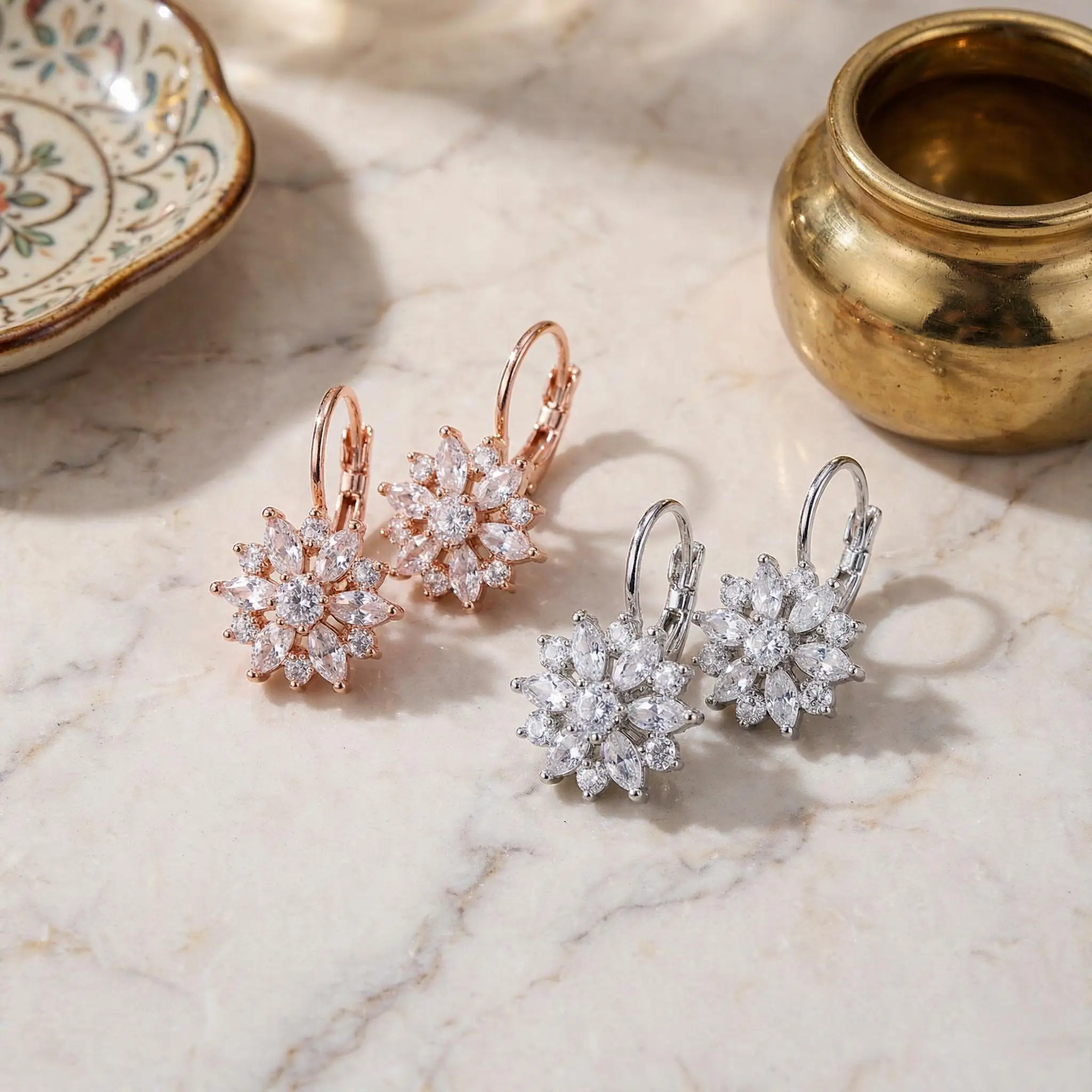 Elegant 925 Sterling Silver Lotus Flower Crystal Zircon Hoop Earrings for Women Girls Anniversary Party Fashion Jewelry Gifts