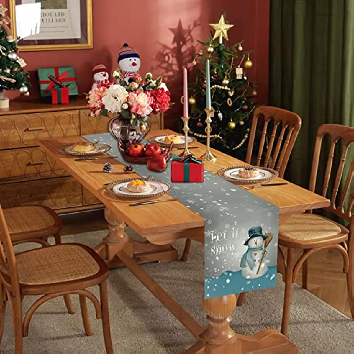 Christmas Snowman Printed Tablecloth Linen Stain Resistant Easy Clean Suitable for Home Kitchen Dining Party Decoration