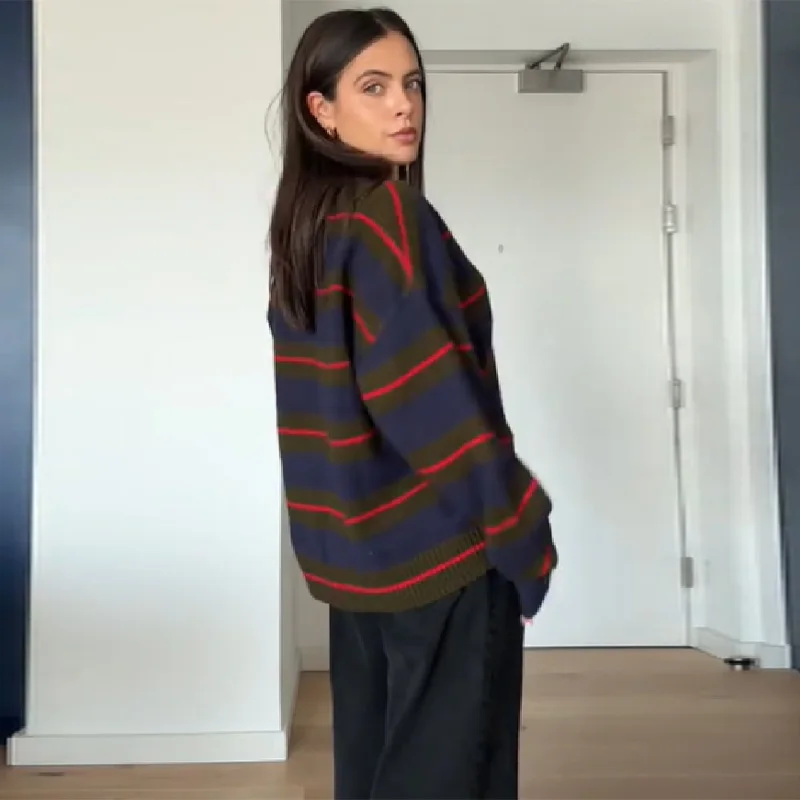 

Стильные повседневные трикотажные осенние полосатые ретро дизайнерские женские пуловеры с v-образным вырезом, классические модные вневременные женские осенние свитера