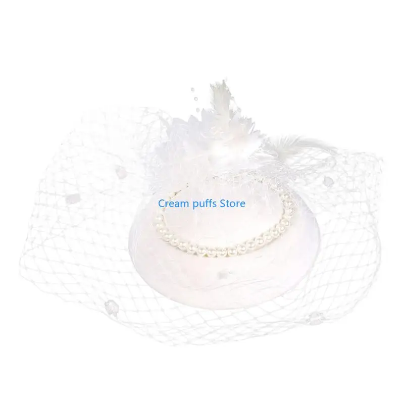 50LE Classical Faux Pearls Decorated Hair Hat With Delicate Netting Theater Costume Hat For Prom Event