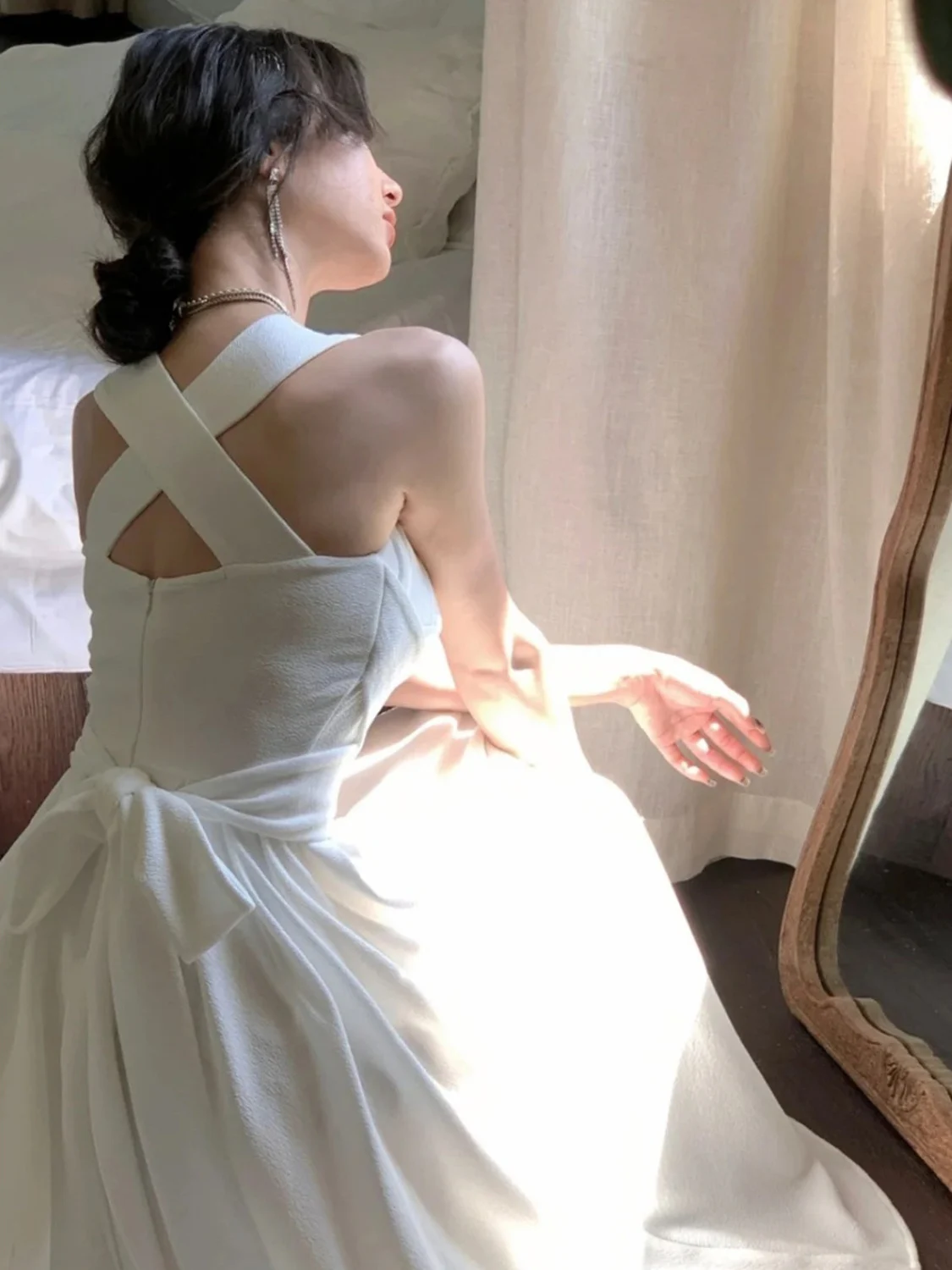 Robe blanche d'été pour femmes, nouvelle jupe trapèze douce, croisée, nouée, taille haute, longue, dr coréen, pour les déplacements, douce, moyenne et élastique