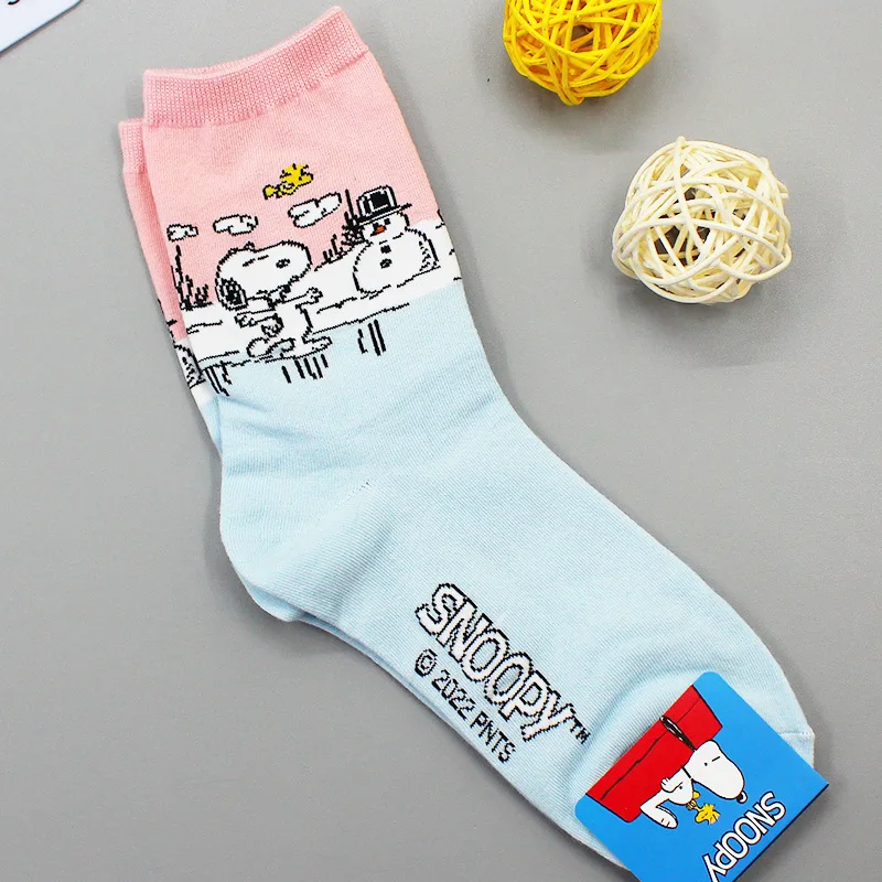 Kawaii Peanuts Snoopy Charlie calcetines de algodón de tubo medio, calcetines rectos antideslizantes, absorción del sudor, transpirables, cómodos, regalo para niñas