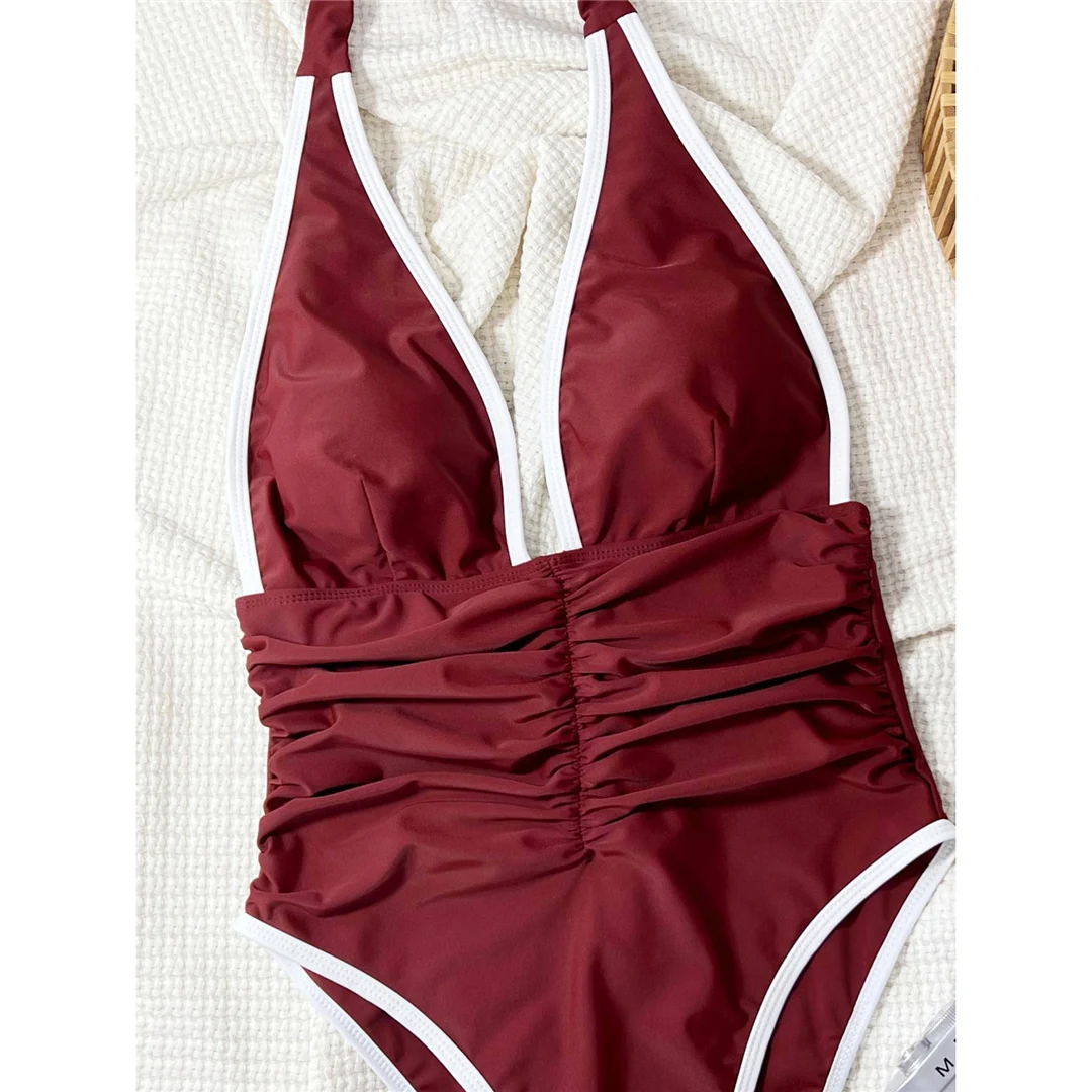 Sexy V-Ausschnitt Neckholder Plissee Damen Badeanzug Einteiliger Badeanzug Rückenfreier Badeanzug mit hohem Beinausschnitt und Polsterung Badeanzug V6189 – Detail 12