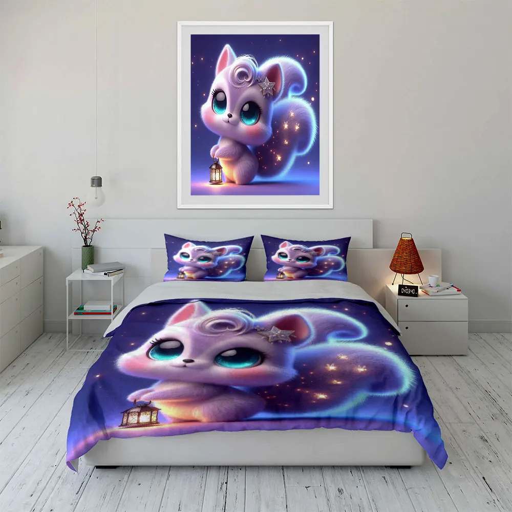 Dreamy squirrel with lantern Duvet Cover Set with 3D Printing Design Soft Polyester Bedding Set All-Season Comfort for gifts