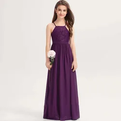 YZYmanualroom Chiffon Lace Junior Bridesmaid Dress With Bow A-line Square Floor-Length 2-15T