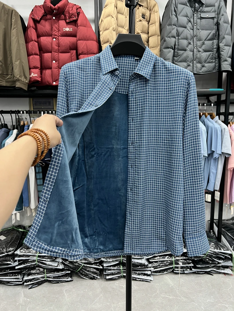 

Dujia Business Casual Plaid Long Sleeve Shirt Thickened Fleece Warm Winter Youth Shirt Standard Fit Button Closure Cardigan