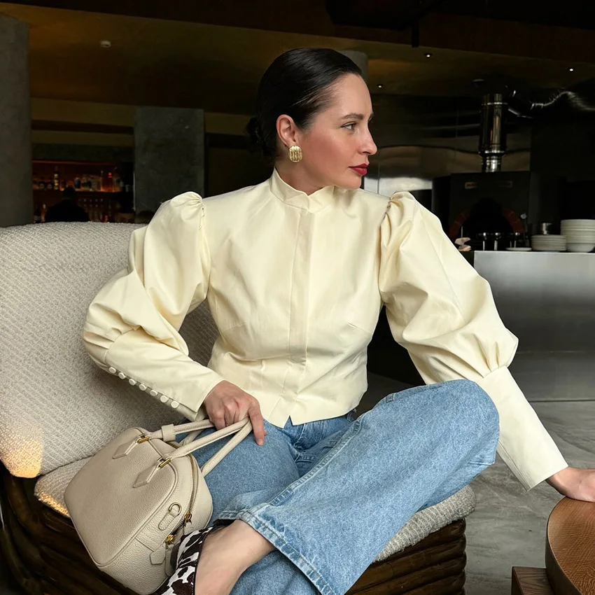 Cream Mandarin Collar Cropped Blouse Hidden Button Front Puff Long Sleeve Cuff Side Button Slim Women Casual Shirt Top 260701