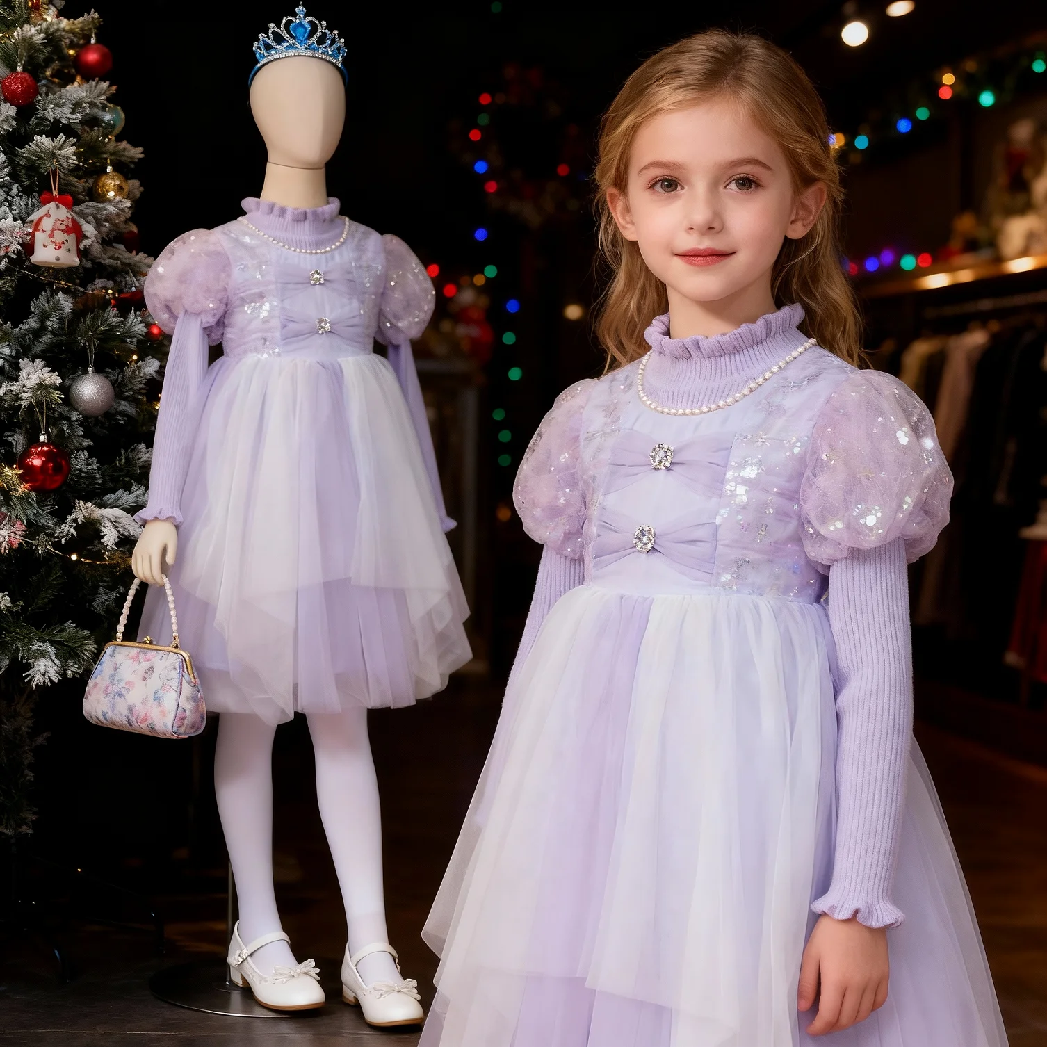 

Girls Lace Knitted Dresses Girls Winter Outfits Kids Lolita Purple Princess Dresses Children Costumes Christmas New Years Gifts