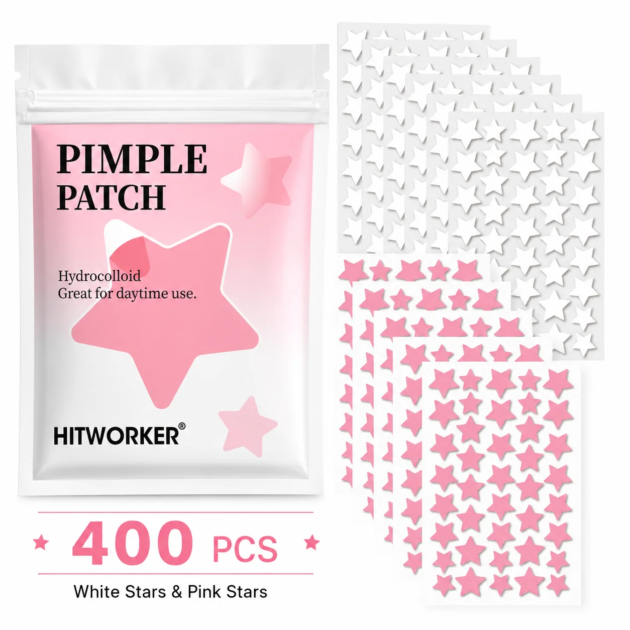 400Pcs Pink & White Star Shaped Acne Patches, Cute Hydrocolloid Blemish Stickers, Invisible Spot Covers for Facial Skin Care