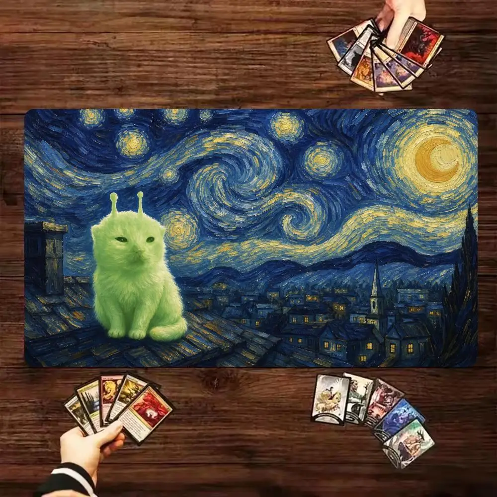 Van Gogh Starry Night Green Alien Cat Playmat 24
