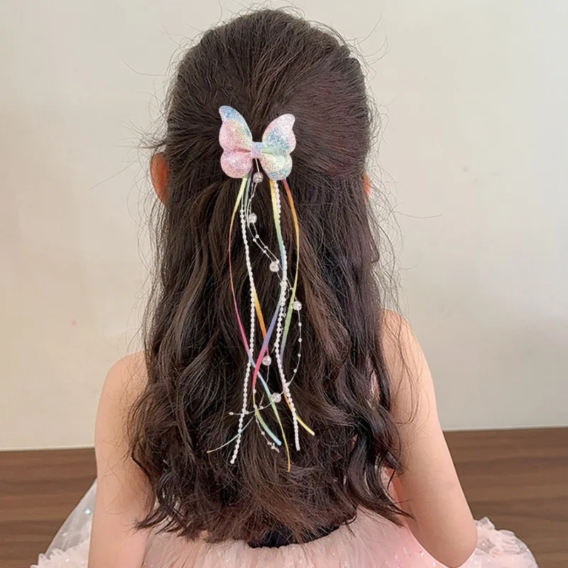 2Pc Childrens Rainbow Butterfly Sequin Hair Clip,pearl Ribbon,tassel Hair Clip,girl Braided Hair Accessory,performance Accessory image 3