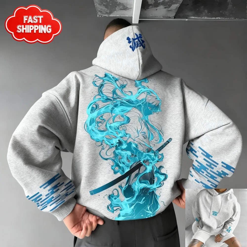 Bluza Kimetsu no Yaiba Demon Slayer Anime Niebieski Wzór Płomienia Męska Damska Bawełniana Oversize Luźny Krój Wygodna Odzież Uliczna Unisex ​