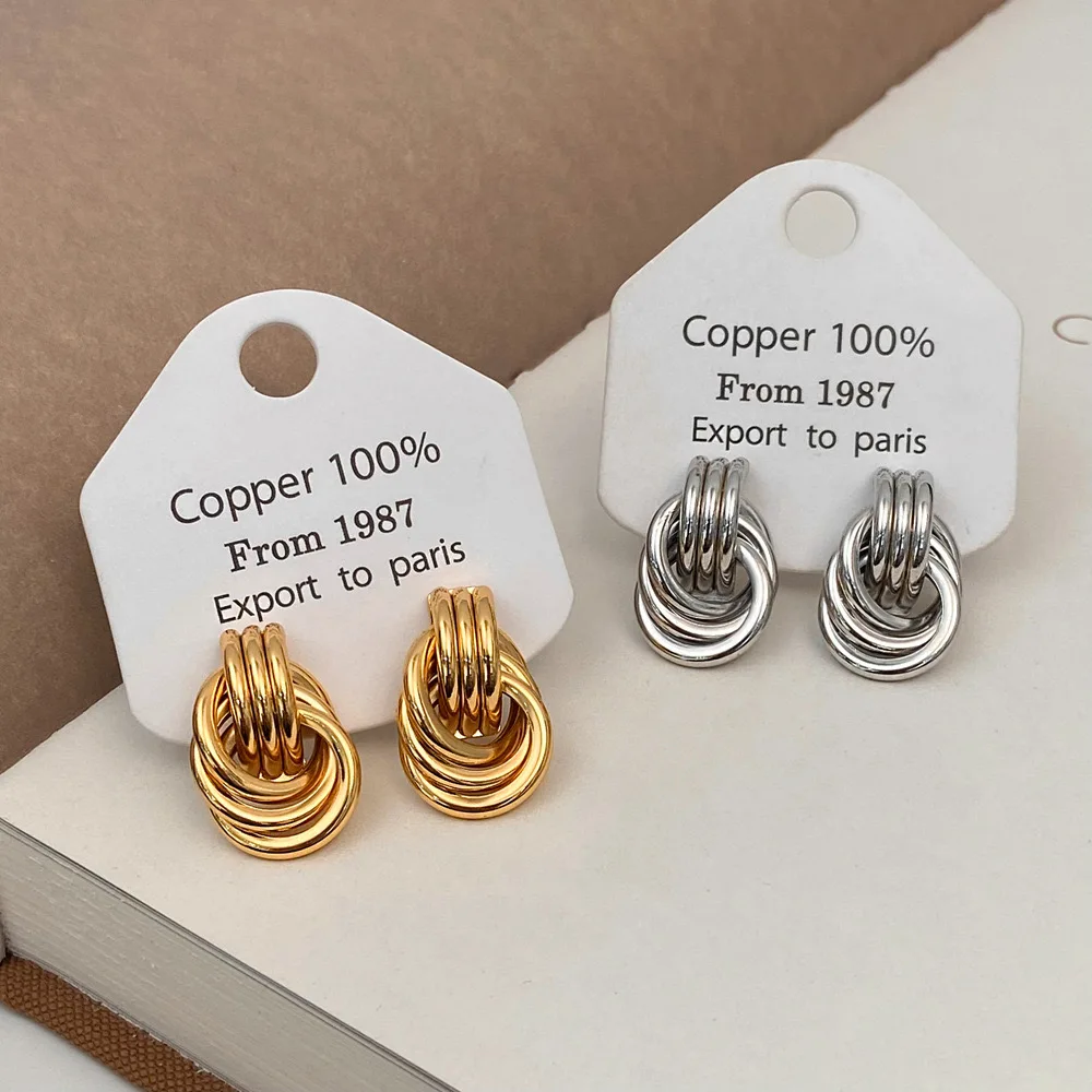 Fashion Glossy Three-Layer Textured Intersecting Knot Earrings for Women Gold Color Stainless Steel Earring Vintage Jewelry Gift