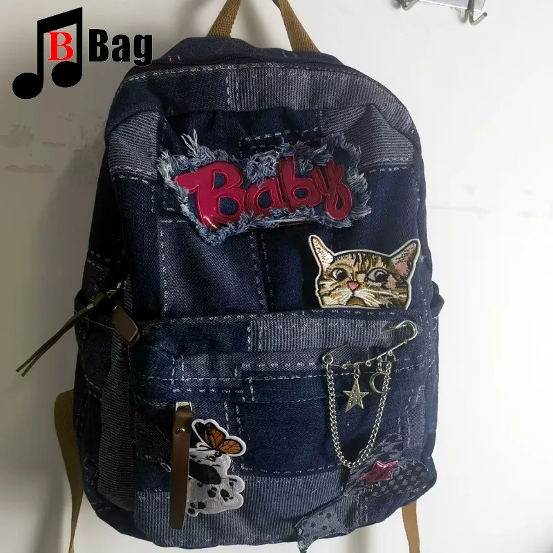 Harajuku Women Y2K Girl denim Lattice Backpack Students Large Capacity Backpacks book bag Computer Handbag School  Backpacks