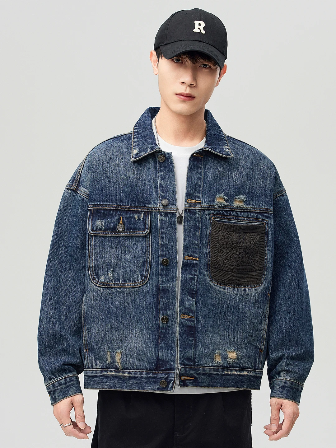 

Ретро-джинсовая куртка в американском стиле с эффектом потертости, мужская, свободного кроя, с отложным воротником, в стиле рабочей одежды, осенне-зимняя, новая модная коллекция, дышащий хлопок