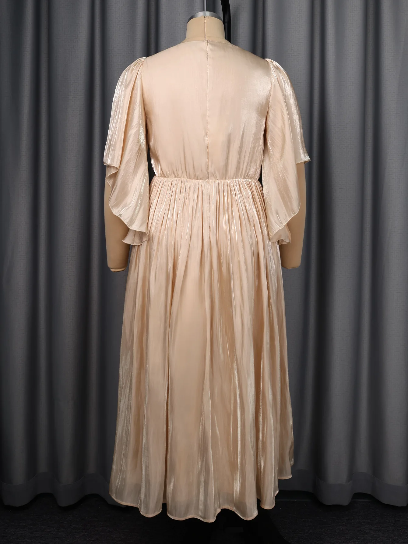 Sexy V-neck Ruched Split Waist Flower Long Formal Evening Plus Size Dress With Sleeves Champagne