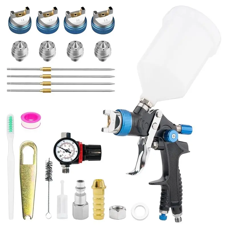 AFOURT-Blue HVLP Paint Spray Gun Kit With 4 Nozzles For Automotive& Home Painting Projects