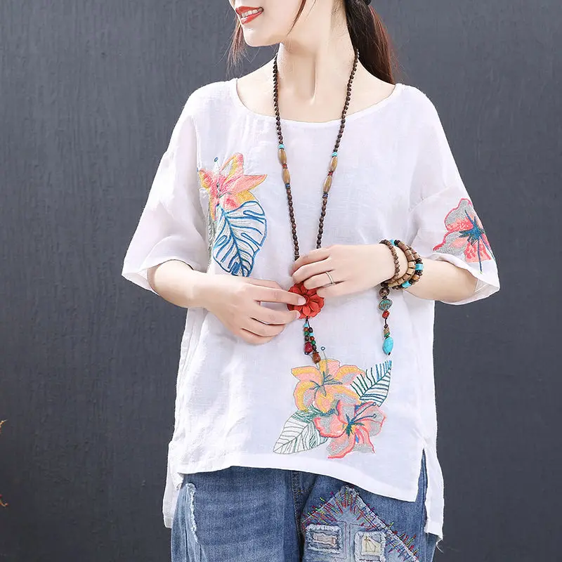 

2022 Summer Autumn Solid Color Vintage Casual Women Shirts Short Sleeve Embroidery Cheongsam Top Woman Plus Size Hanfu Tops 4XL