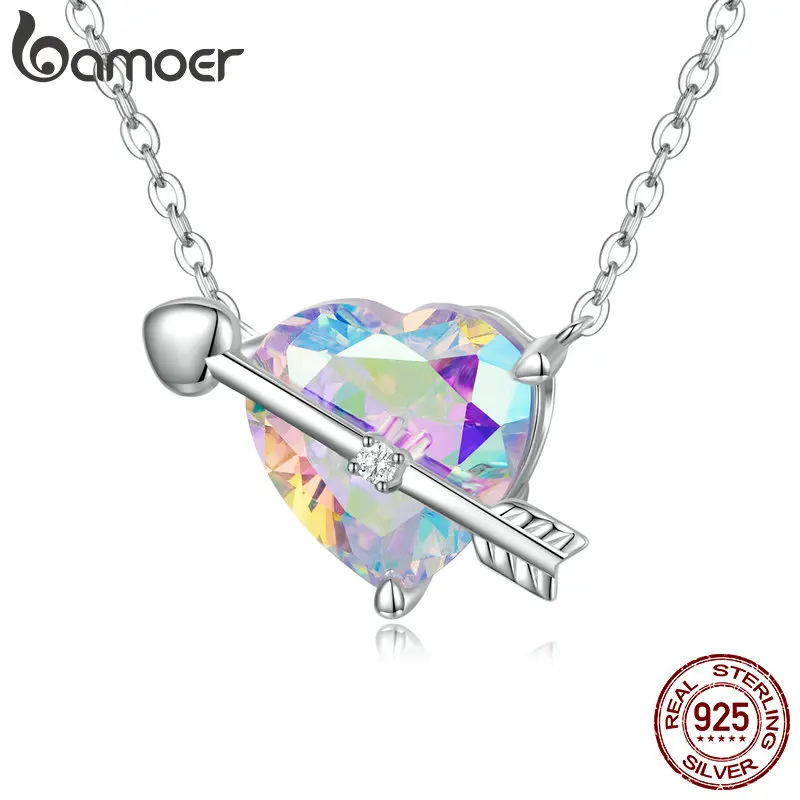 Bamoer Genuine 925 Sterling Silver Cupid Arrow Pendant Necklace for Women Fine Jewelry Adjustable Bling Heart Link Chain BSN255