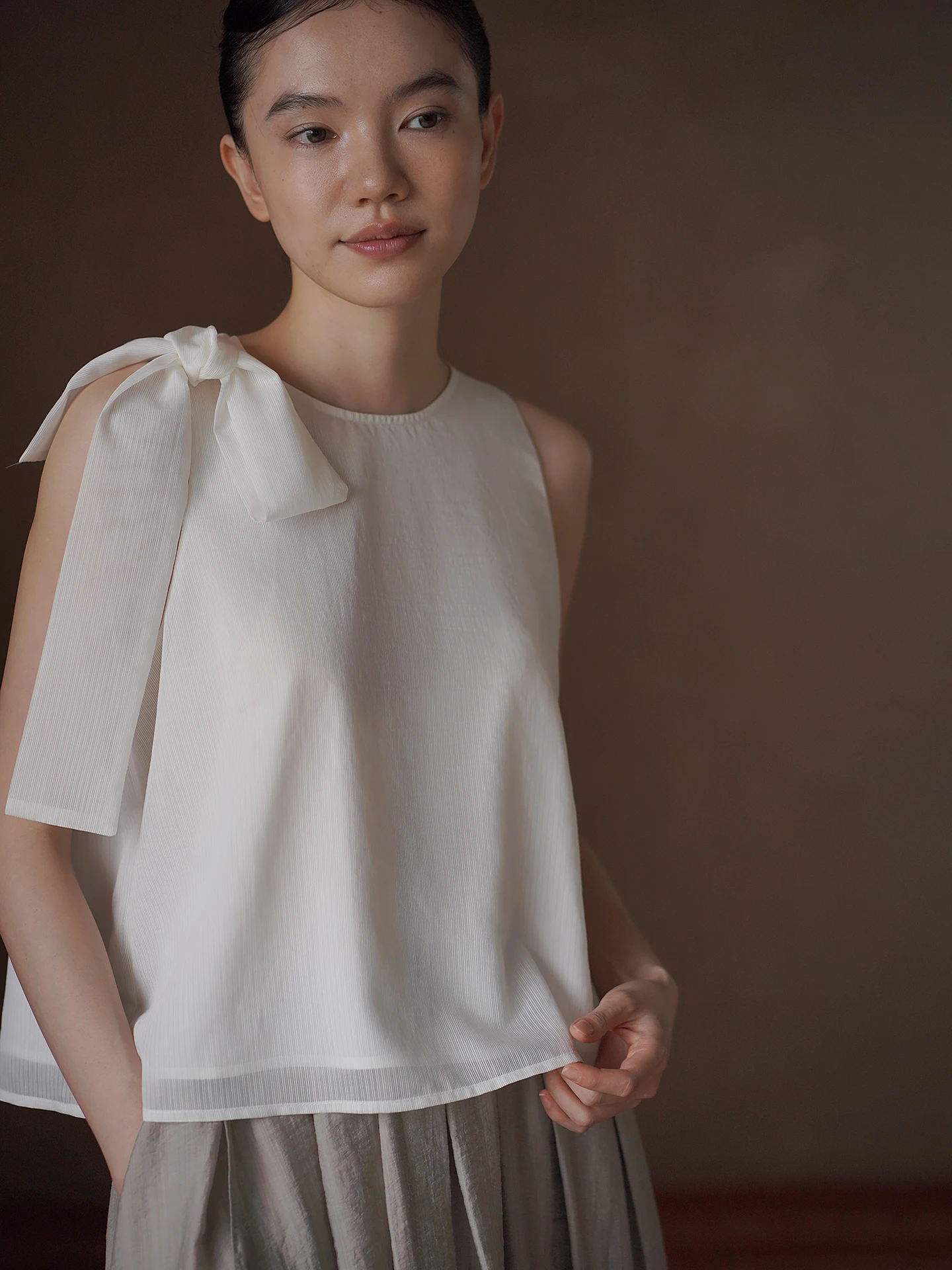 Hacikis Miss Haechi Double Layered A-Line Vest round Neck Sleeveless Detachable Sash Transparent Mesh Slimming Summer Top