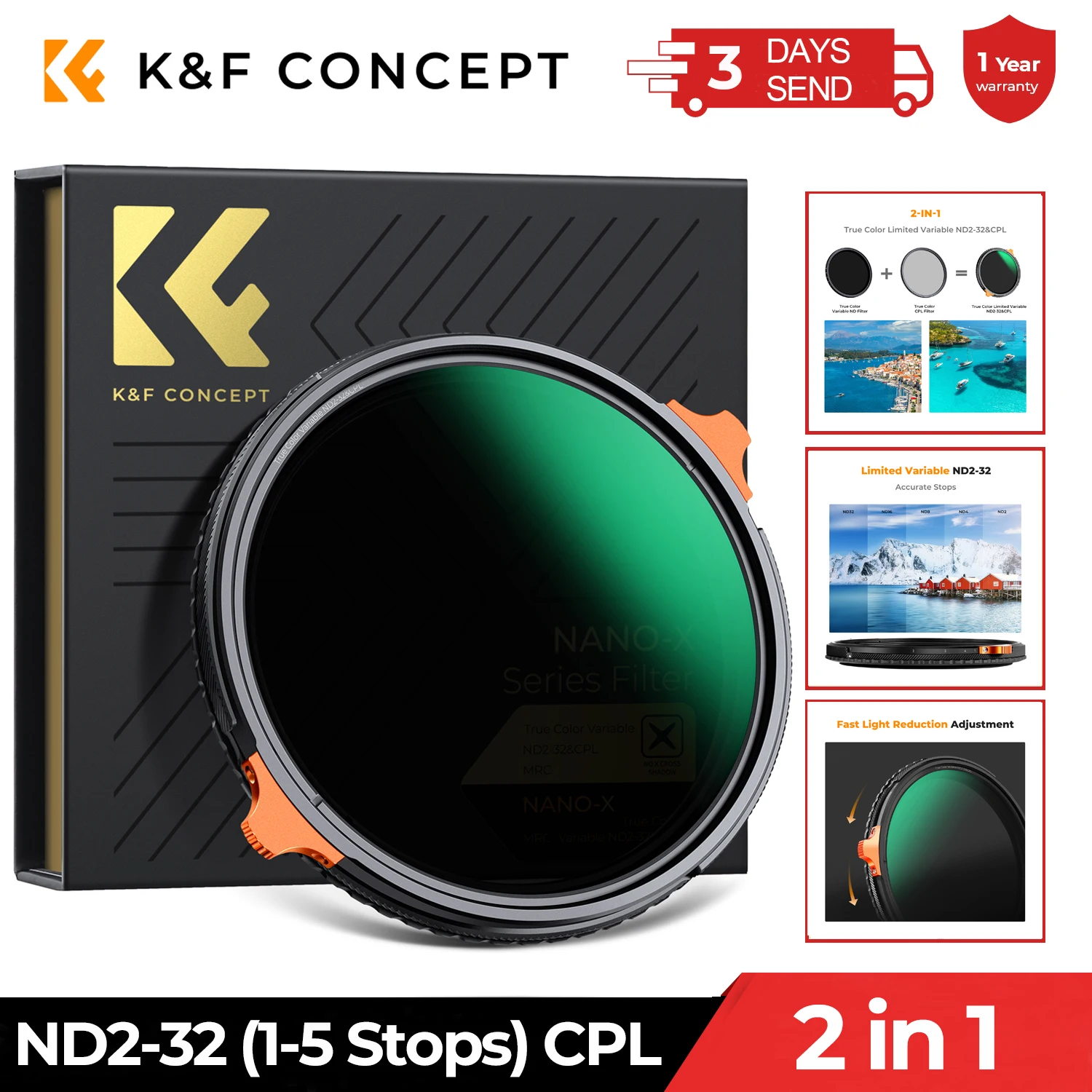 

K&F CONCEPT 49-82mm True Color VND Variable ND2-32 and CPL Circular Polarizing Len Filter 2 in 1 for Camera Lenses Nano-X Series