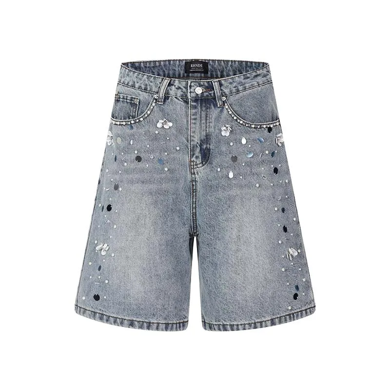 

Men's Rhinestone Embellished Denim Shorts Y2K Baggy Jean Shorts Vintage Washed Loose Fit Hip Hop Streetwear Shorts