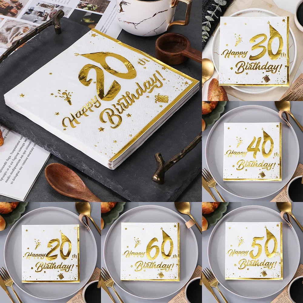 20Pcs Gilding Number 20th 30th 40th 50th 60th Years Old Disposable Paper Napkins Happy Birthday Party Tableware Tissue Decor