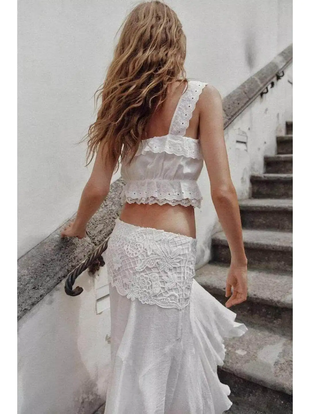 Vacation Style Short Top Embroidered Hollow out Asymmetrical Midi Skirt Fashion Set Women's Spring Summer Workwear Uniform view 3
