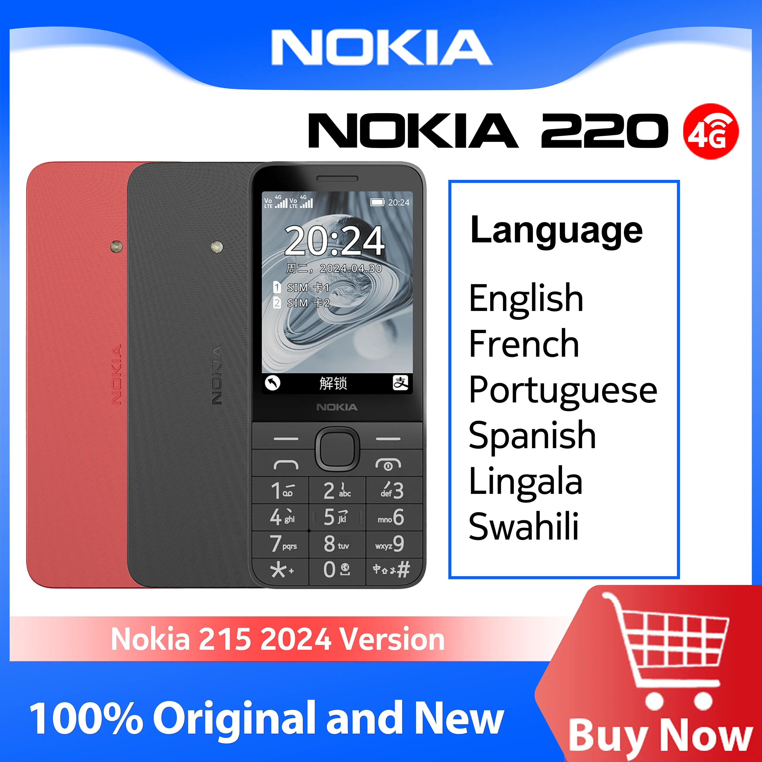 2024 New and Original Nokia 220 4G Feature Phone Dual SIM 2.8 Inch Display 1450mAh Bettery Bluetooth FM Radio Mobile Phone