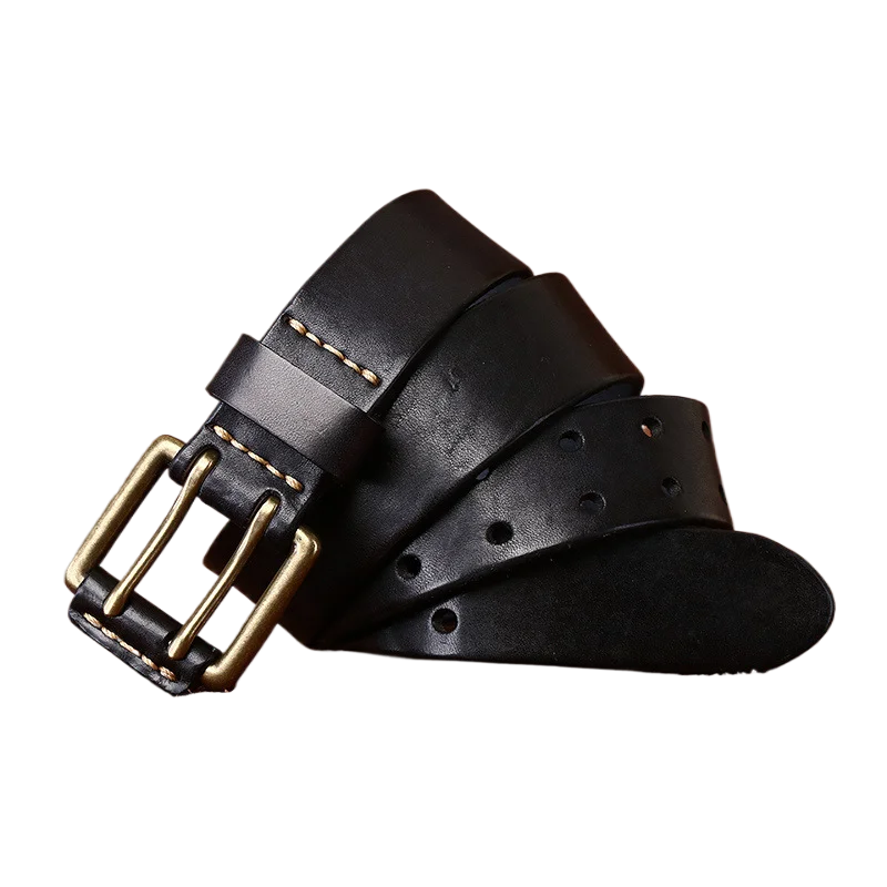 メンズレザーベルト、本革ウエストバンド、ダブルプロングバックル付き、トップレイヤー牛革、ヴィンテージユース銅バックル