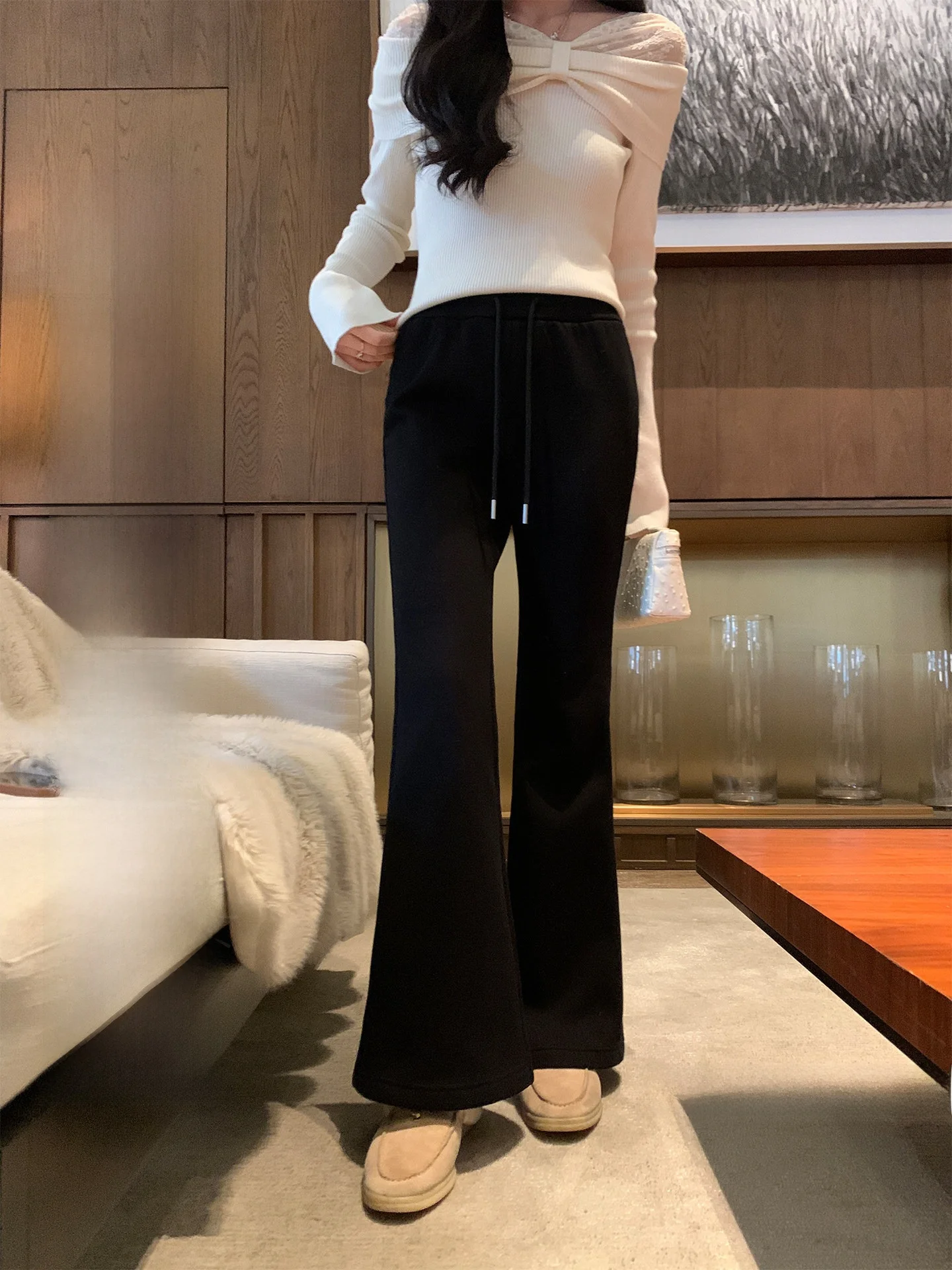 

Женские классические трикотажные брюки-клеш Aboutpoem Heavyweight Inteated Fce Micro Flare для осени и зимы, черные, облегающие, повседневные, длинные