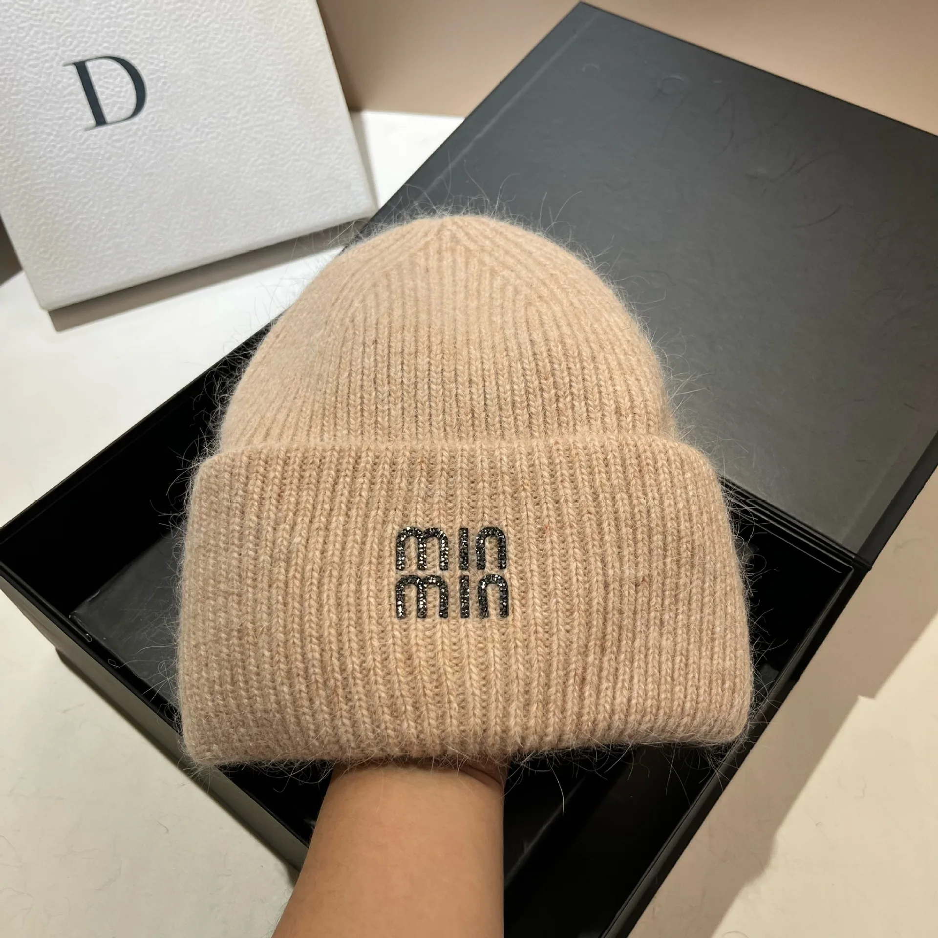 Luxury rhinestone Letters Fashion Winter hats for men and women Real rabbit fur wool Skullies Beanies Knit hats for men and wome image 6