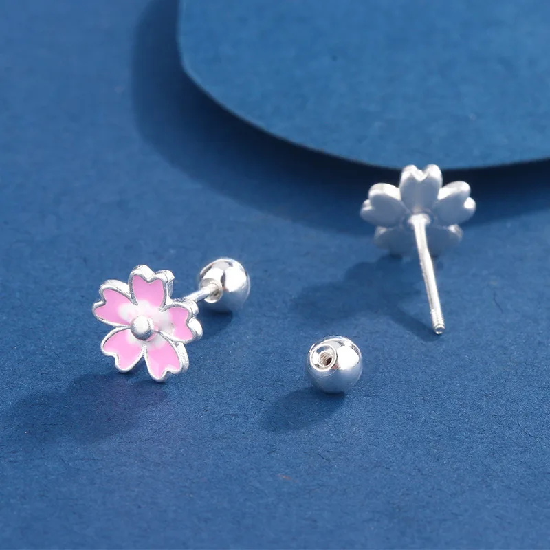 Fashion Pink Sweet Cherry Blossoms Screw Back Stud Earring for Women Cartilage Hoop Earrings Piercing Jewelry Accessories
